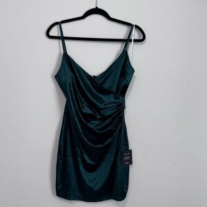NWT Lulu’s Green Satin Mini‎ Dress Faux Wrap Spaghetti Strap size M